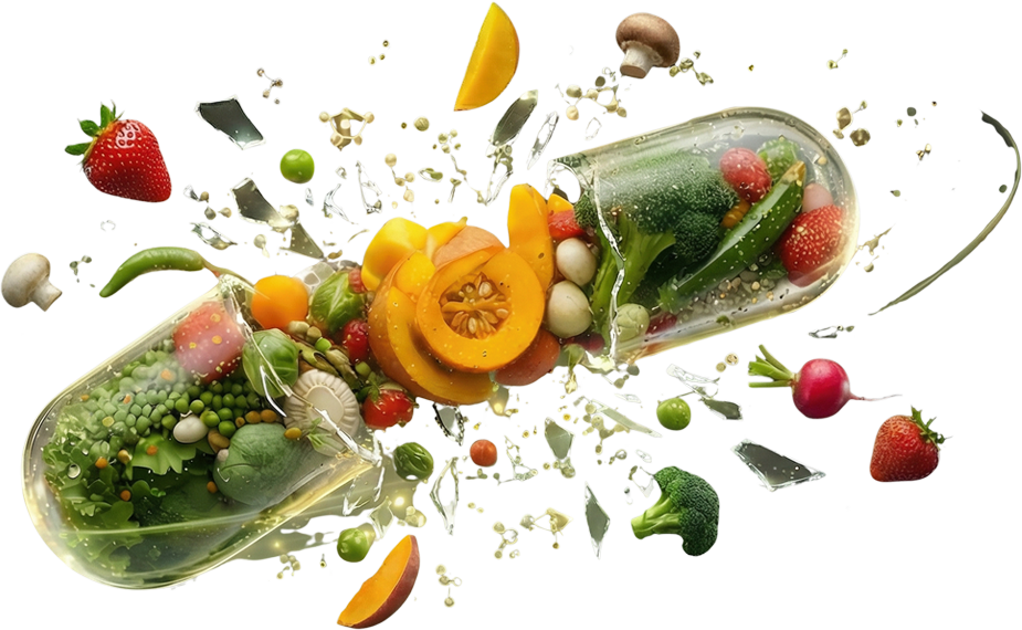 Fresh produce flying out of glass capsules